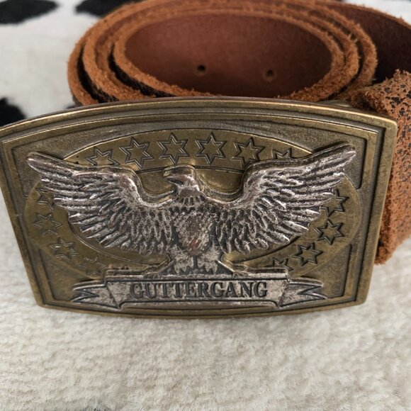 Vintage Y2K Distressed Brown Leather Brass Silver Eagle Buckle Waist Belt - Picture 2 of 16